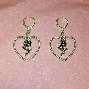 Silver Heart Framed Rose Flower Huggie Earrings